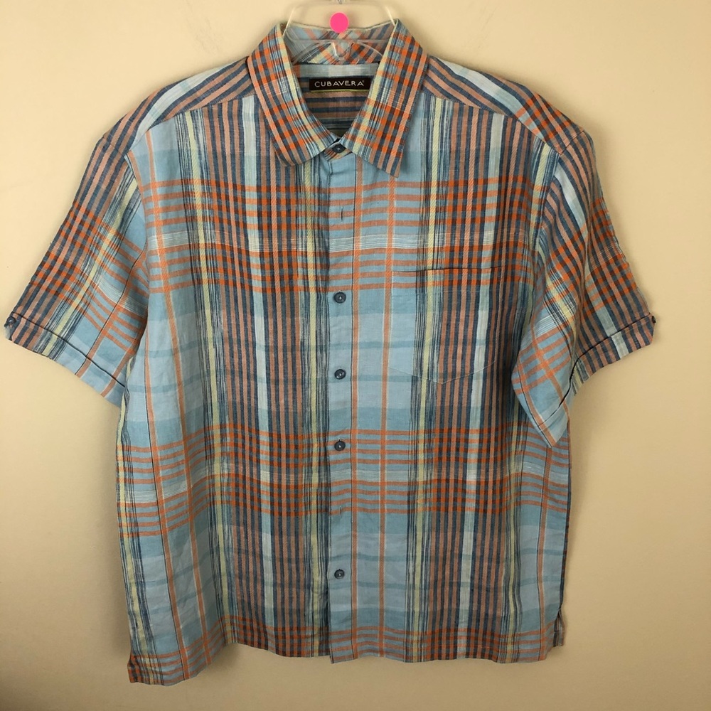 Cubavera Shirt Mens L 100% Linen Blue Orange Plaid Short Sleeve